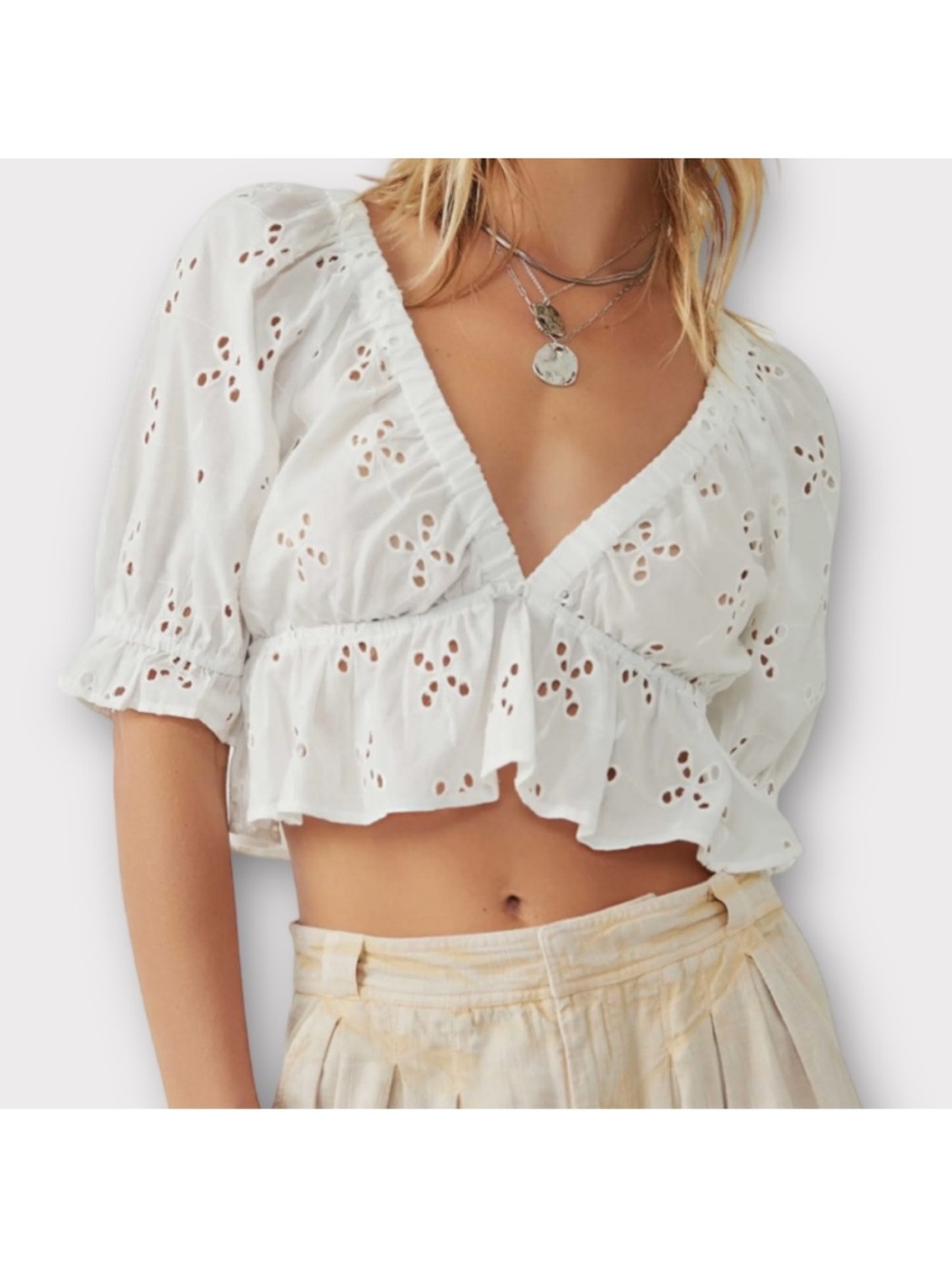 Free People Gardenia Eyelet Ruffle V-Neck Top